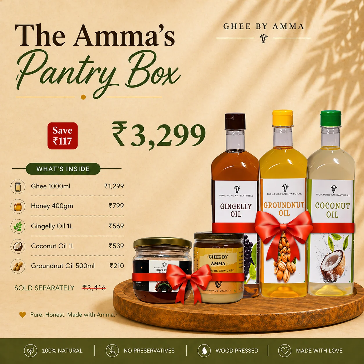 The Amma’s Pantry Box - Ghee 1L + Honey 400gm + Gingelly Oil 1L + Coconut Oil 1L + Groundnut Oil 500ml - Image 2