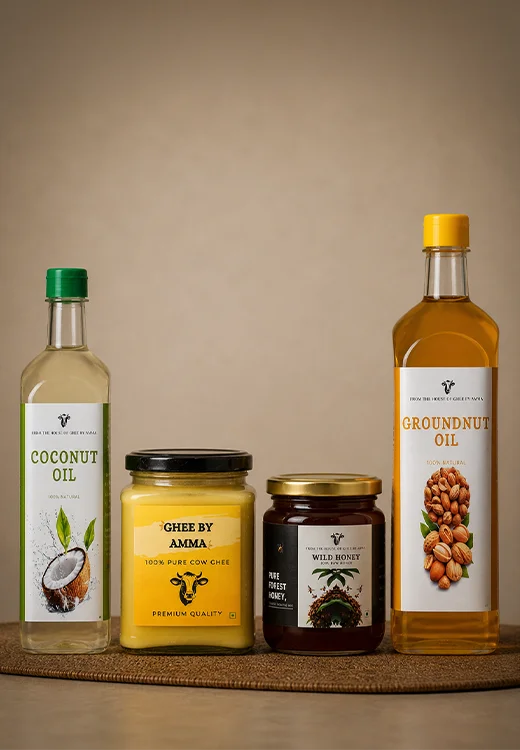 The Family Pantry - Ghee 500ml + Honey 400gm + Groundnut Oil 1L + Coconut Oil 500ml