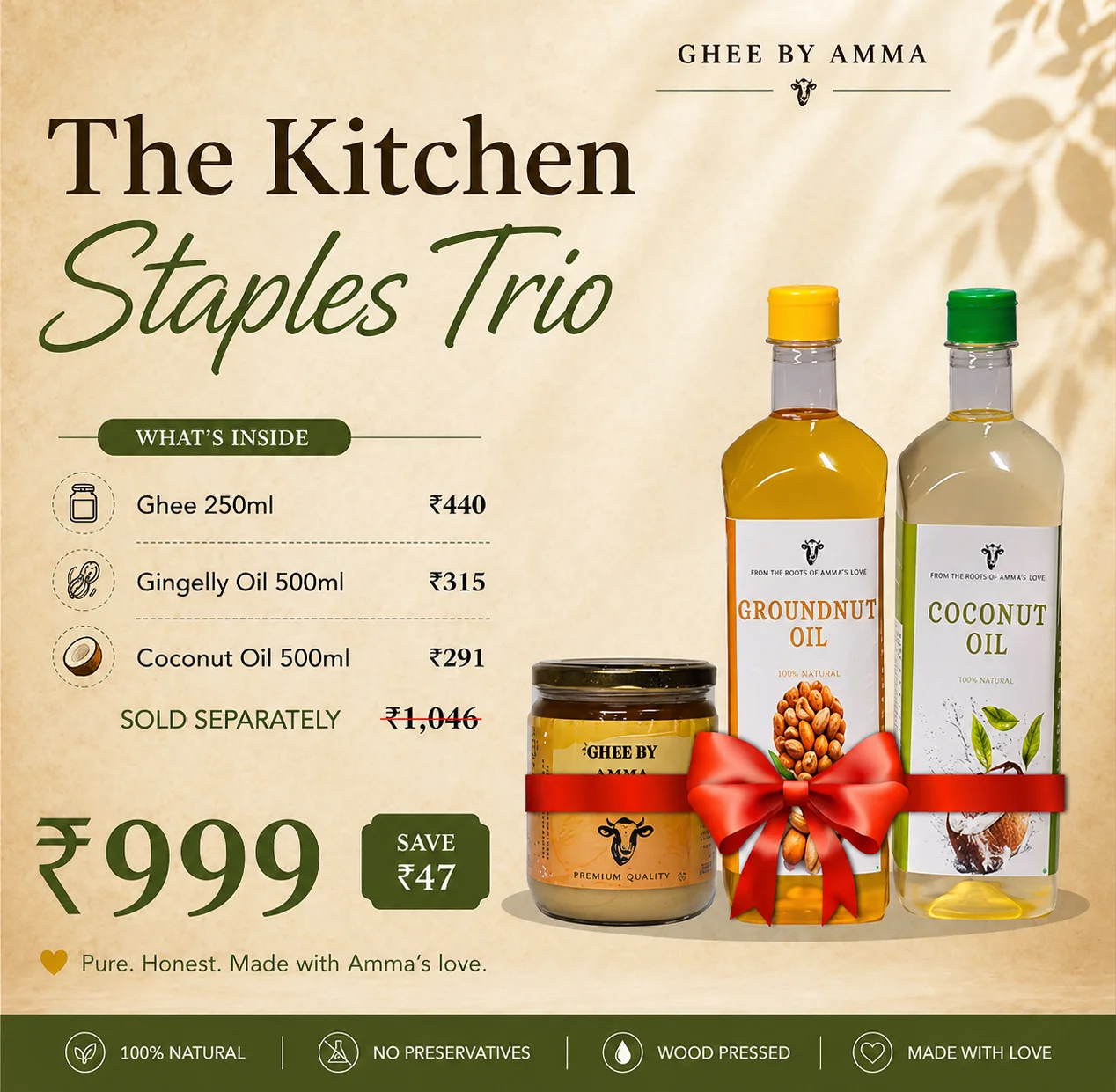 The Kitchen Staples Trio - Ghee 250ml + Gingelly Oil 500ml + Coconut Oil 500ml - Image 2