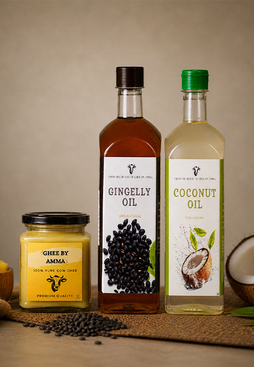 The Kitchen Staples Trio - Ghee 250ml + Gingelly Oil 500ml + Coconut Oil 500ml
